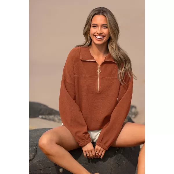 PRETTYGARDEN Womens 2024 Fall Sweatshirt Half Zip Collar Pullover Tops Oversized Long Sleeve Plain Casual Jacket ClothesBrown