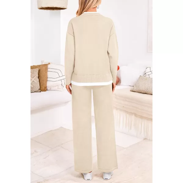 PRETTYGARDEN Womens Fall 2 Piece Lounge Sets Long Sleeve Pullover Sweater Wide Leg Pants Matching Outfits TracksuitsBeige