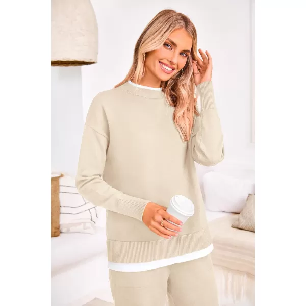 PRETTYGARDEN Womens Fall 2 Piece Lounge Sets Long Sleeve Pullover Sweater Wide Leg Pants Matching Outfits TracksuitsBeige