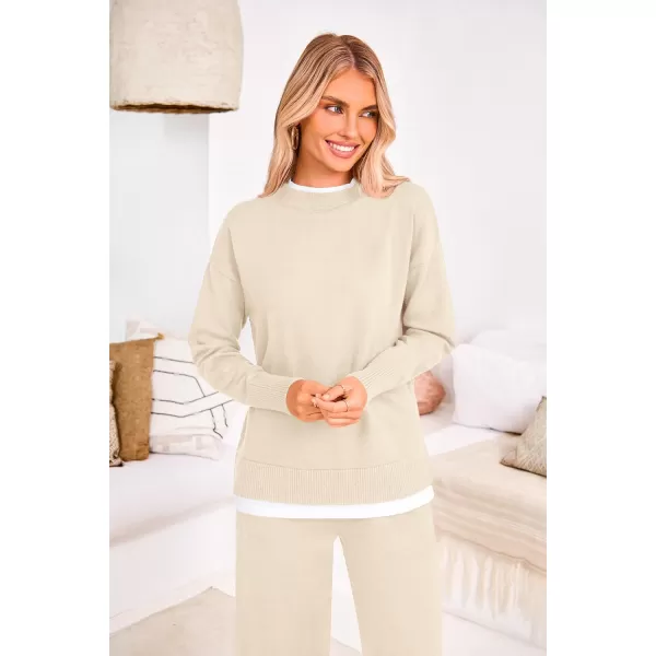 PRETTYGARDEN Womens Fall 2 Piece Lounge Sets Long Sleeve Pullover Sweater Wide Leg Pants Matching Outfits TracksuitsBeige