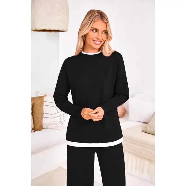 PRETTYGARDEN Womens Fall 2 Piece Lounge Sets Long Sleeve Pullover Sweater Wide Leg Pants Matching Outfits TracksuitsBlack