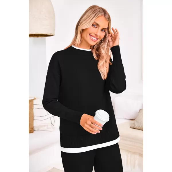 PRETTYGARDEN Womens Fall 2 Piece Lounge Sets Long Sleeve Pullover Sweater Wide Leg Pants Matching Outfits TracksuitsBlack
