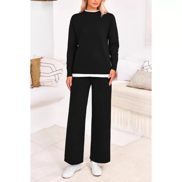 PRETTYGARDEN Womens Fall 2 Piece Lounge Sets Long Sleeve Pullover Sweater Wide Leg Pants Matching Outfits TracksuitsBlack