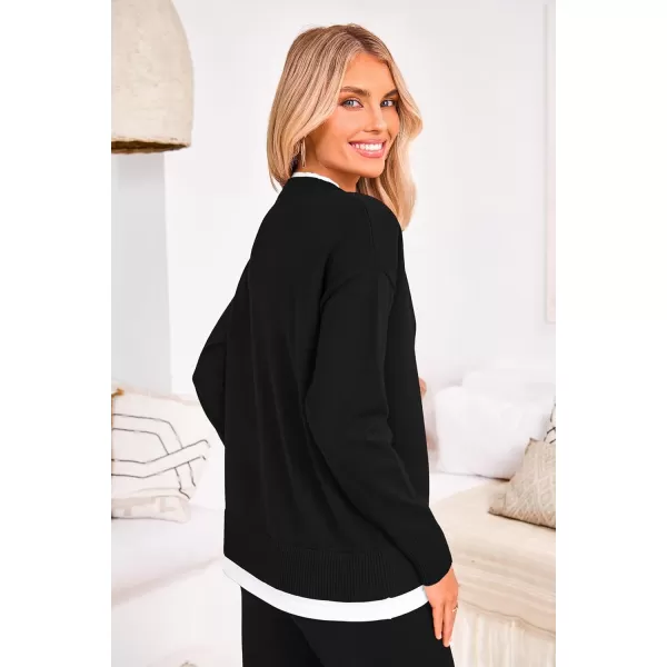 PRETTYGARDEN Womens Fall 2 Piece Lounge Sets Long Sleeve Pullover Sweater Wide Leg Pants Matching Outfits TracksuitsBlack