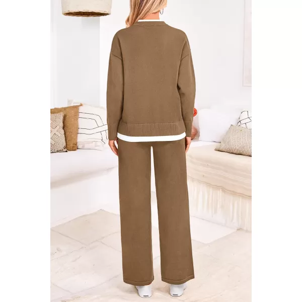 PRETTYGARDEN Womens Fall 2 Piece Lounge Sets Long Sleeve Pullover Sweater Wide Leg Pants Matching Outfits TracksuitsCamel