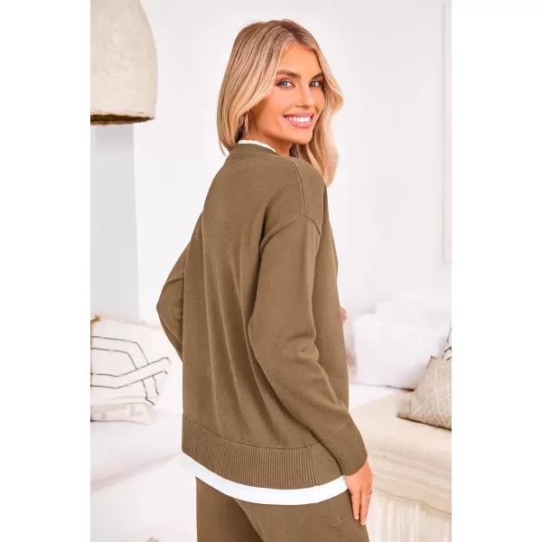 PRETTYGARDEN Womens Fall 2 Piece Lounge Sets Long Sleeve Pullover Sweater Wide Leg Pants Matching Outfits TracksuitsCamel