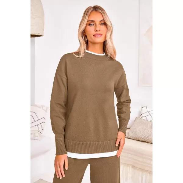 PRETTYGARDEN Womens Fall 2 Piece Lounge Sets Long Sleeve Pullover Sweater Wide Leg Pants Matching Outfits TracksuitsCamel