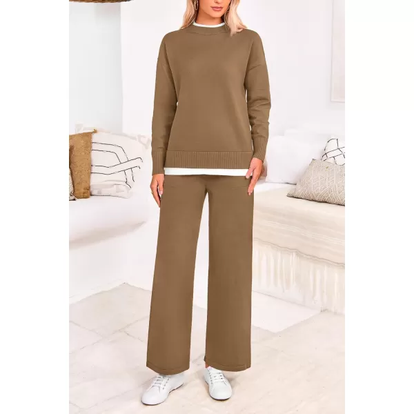 PRETTYGARDEN Womens Fall 2 Piece Lounge Sets Long Sleeve Pullover Sweater Wide Leg Pants Matching Outfits TracksuitsCamel