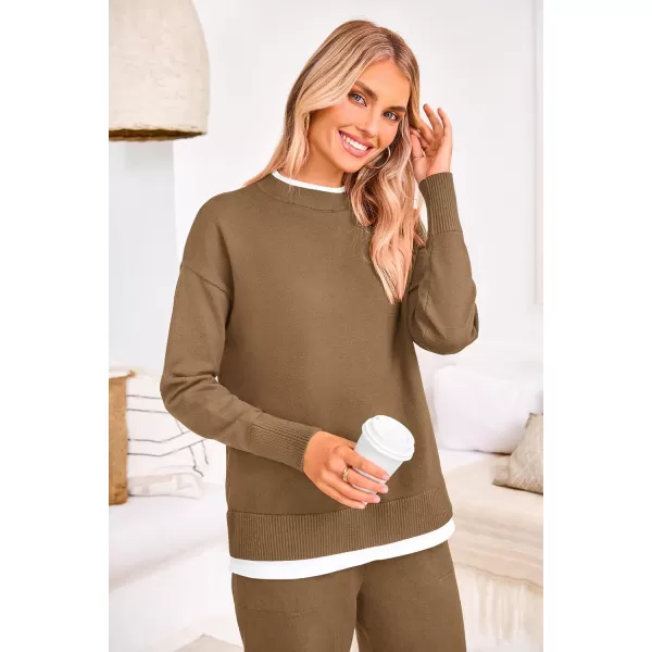 PRETTYGARDEN Womens Fall 2 Piece Lounge Sets Long Sleeve Pullover Sweater Wide Leg Pants Matching Outfits TracksuitsCamel