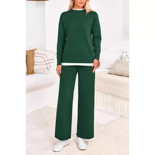 PRETTYGARDEN Womens Fall 2 Piece Lounge Sets Long Sleeve Pullover Sweater Wide Leg Pants Matching Outfits TracksuitsDark Green