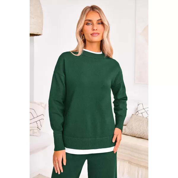 PRETTYGARDEN Womens Fall 2 Piece Lounge Sets Long Sleeve Pullover Sweater Wide Leg Pants Matching Outfits TracksuitsDark Green