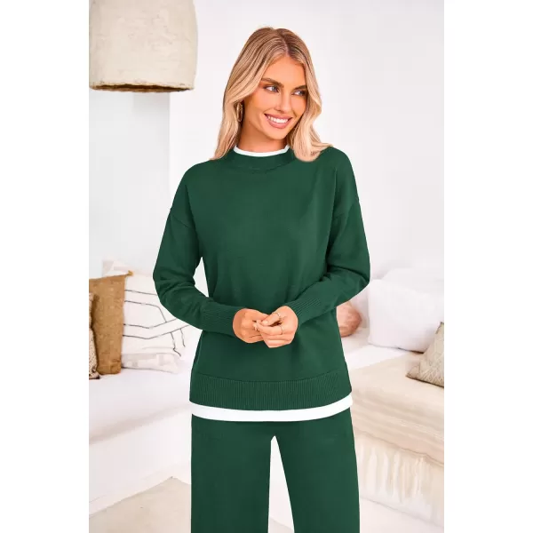 PRETTYGARDEN Womens Fall 2 Piece Lounge Sets Long Sleeve Pullover Sweater Wide Leg Pants Matching Outfits TracksuitsDark Green