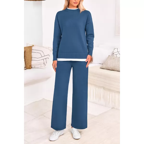 PRETTYGARDEN Womens Fall 2 Piece Lounge Sets Long Sleeve Pullover Sweater Wide Leg Pants Matching Outfits TracksuitsGrey Blue