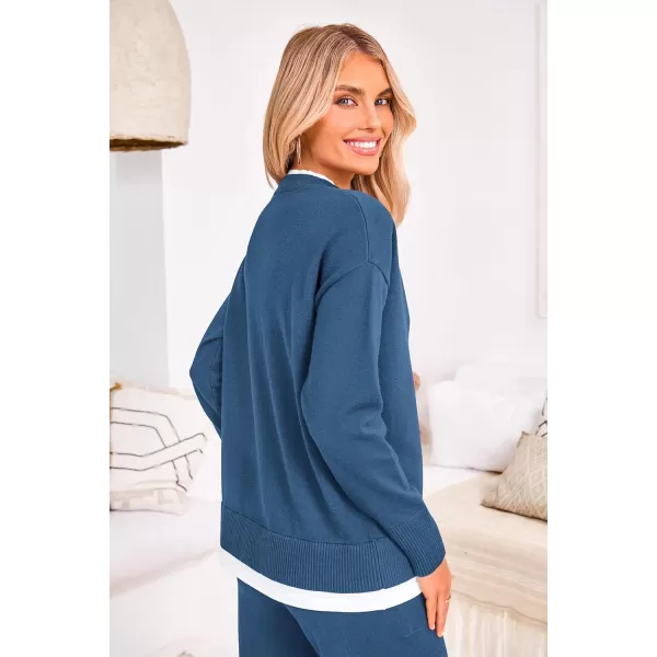 PRETTYGARDEN Womens Fall 2 Piece Lounge Sets Long Sleeve Pullover Sweater Wide Leg Pants Matching Outfits TracksuitsGrey Blue