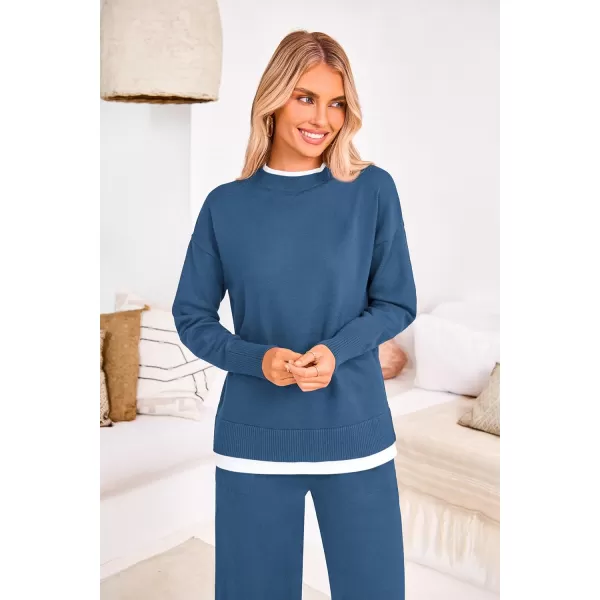 PRETTYGARDEN Womens Fall 2 Piece Lounge Sets Long Sleeve Pullover Sweater Wide Leg Pants Matching Outfits TracksuitsGrey Blue