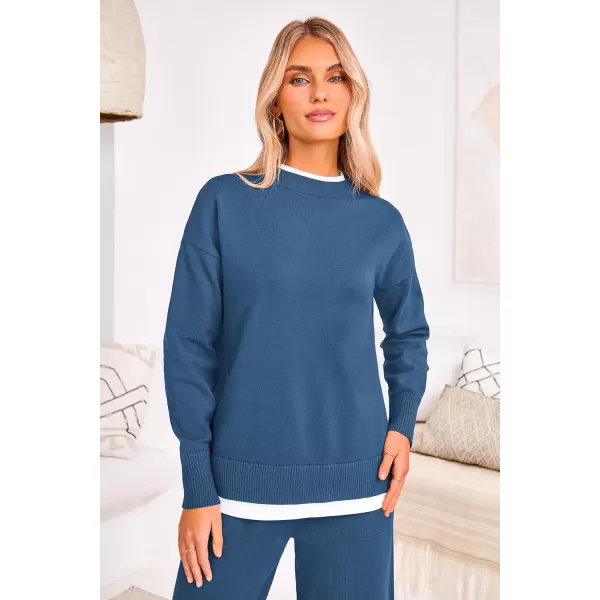 PRETTYGARDEN Womens Fall 2 Piece Lounge Sets Long Sleeve Pullover Sweater Wide Leg Pants Matching Outfits TracksuitsGrey Blue