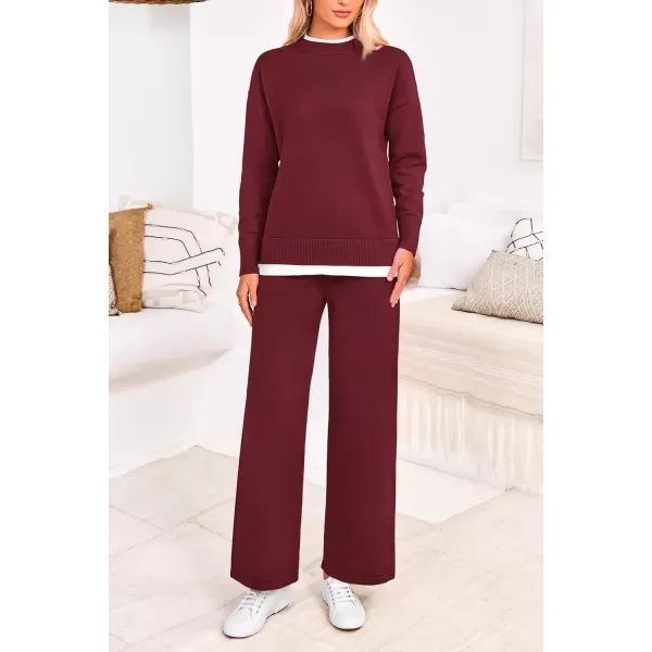 PRETTYGARDEN Womens Fall 2 Piece Lounge Sets Long Sleeve Pullover Sweater Wide Leg Pants Matching Outfits TracksuitsWine Red