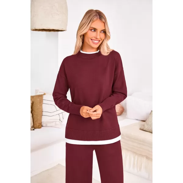 PRETTYGARDEN Womens Fall 2 Piece Lounge Sets Long Sleeve Pullover Sweater Wide Leg Pants Matching Outfits TracksuitsWine Red