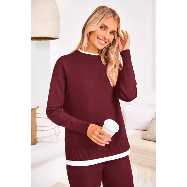 PRETTYGARDEN Womens Fall 2 Piece Lounge Sets Long Sleeve Pullover Sweater Wide Leg Pants Matching Outfits TracksuitsWine Red