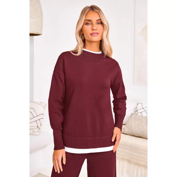 PRETTYGARDEN Womens Fall 2 Piece Lounge Sets Long Sleeve Pullover Sweater Wide Leg Pants Matching Outfits TracksuitsWine Red
