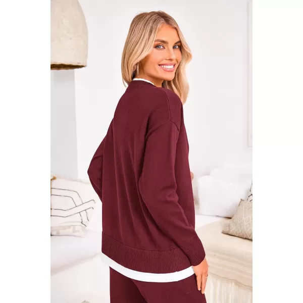 PRETTYGARDEN Womens Fall 2 Piece Lounge Sets Long Sleeve Pullover Sweater Wide Leg Pants Matching Outfits TracksuitsWine Red