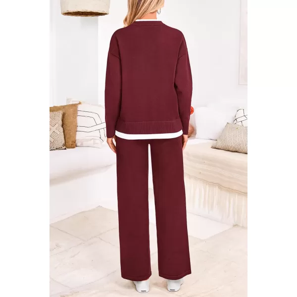 PRETTYGARDEN Womens Fall 2 Piece Lounge Sets Long Sleeve Pullover Sweater Wide Leg Pants Matching Outfits TracksuitsWine Red