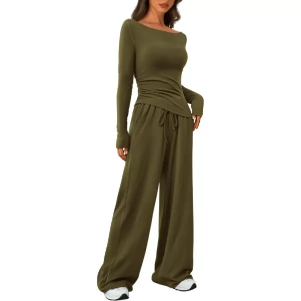 PRETTYGARDEN Womens 2 Piece Lounge Sets Asymmetrical Long Sleeve T Shirt Wide Leg Pants Casual Outfits TracksuitArmy Green