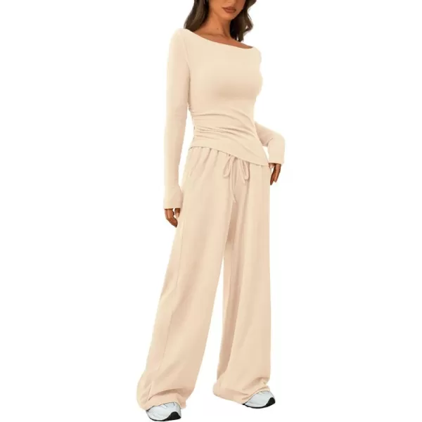 PRETTYGARDEN Womens 2 Piece Lounge Sets Asymmetrical Long Sleeve T Shirt Wide Leg Pants Casual Outfits TracksuitBeige
