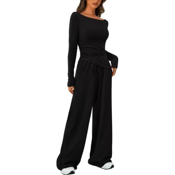 PRETTYGARDEN Womens 2 Piece Lounge Sets Asymmetrical Long Sleeve T Shirt Wide Leg Pants Casual Outfits TracksuitBlack