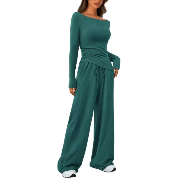 PRETTYGARDEN Womens 2 Piece Lounge Sets Asymmetrical Long Sleeve T Shirt Wide Leg Pants Casual Outfits TracksuitBlue Green