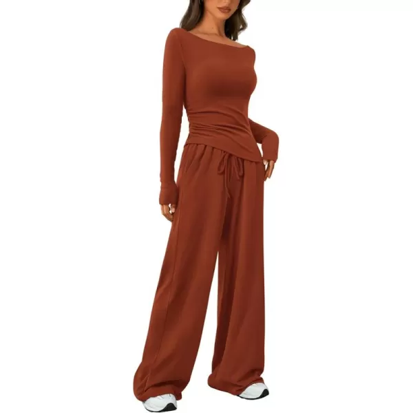 PRETTYGARDEN Womens 2 Piece Lounge Sets Asymmetrical Long Sleeve T Shirt Wide Leg Pants Casual Outfits TracksuitBrick Red