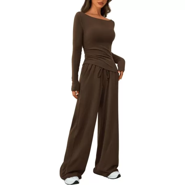 PRETTYGARDEN Womens 2 Piece Lounge Sets Asymmetrical Long Sleeve T Shirt Wide Leg Pants Casual Outfits TracksuitBrown