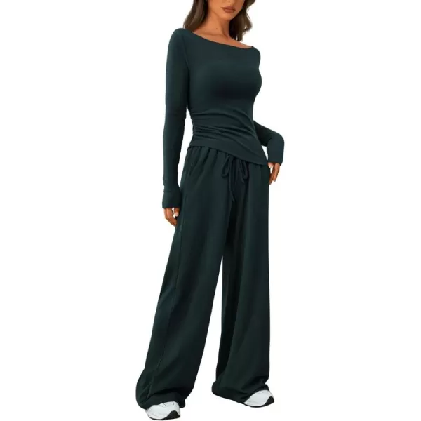 PRETTYGARDEN Womens 2 Piece Lounge Sets Asymmetrical Long Sleeve T Shirt Wide Leg Pants Casual Outfits TracksuitDark Blue