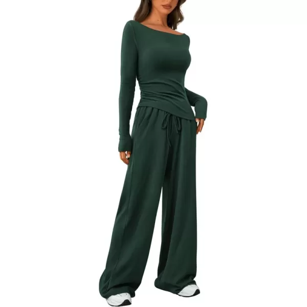 PRETTYGARDEN Womens 2 Piece Lounge Sets Asymmetrical Long Sleeve T Shirt Wide Leg Pants Casual Outfits TracksuitDark Green