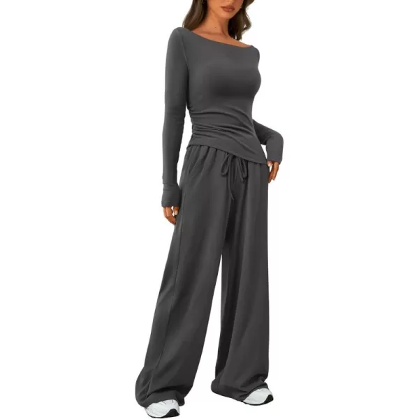 PRETTYGARDEN Womens 2 Piece Lounge Sets Asymmetrical Long Sleeve T Shirt Wide Leg Pants Casual Outfits TracksuitDark Grey