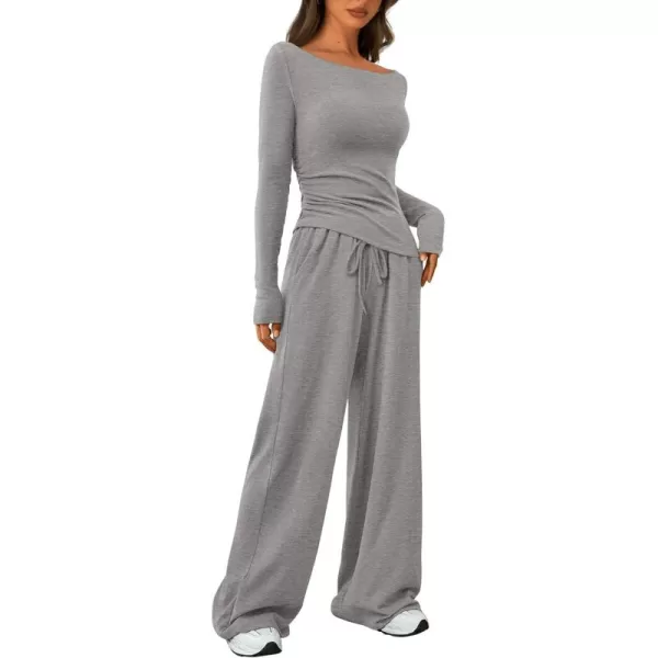 PRETTYGARDEN Womens 2 Piece Lounge Sets Asymmetrical Long Sleeve T Shirt Wide Leg Pants Casual Outfits TracksuitGrey