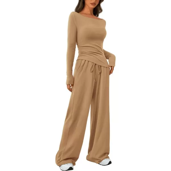 PRETTYGARDEN Womens 2 Piece Lounge Sets Asymmetrical Long Sleeve T Shirt Wide Leg Pants Casual Outfits TracksuitKhaki