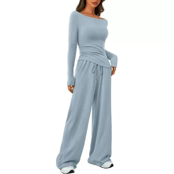 PRETTYGARDEN Womens 2 Piece Lounge Sets Asymmetrical Long Sleeve T Shirt Wide Leg Pants Casual Outfits TracksuitLight Blue