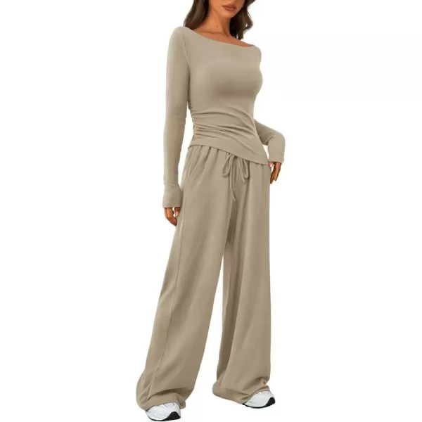 PRETTYGARDEN Womens 2 Piece Lounge Sets Asymmetrical Long Sleeve T Shirt Wide Leg Pants Casual Outfits TracksuitLight Khaki