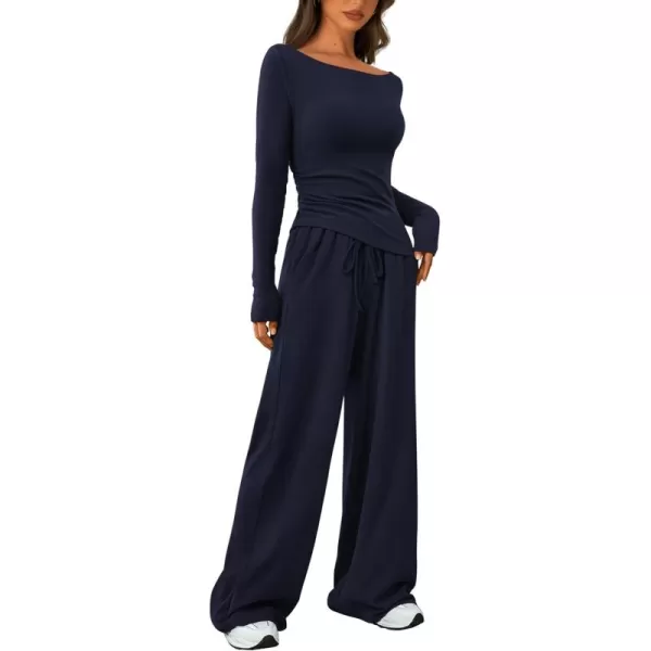 PRETTYGARDEN Womens 2 Piece Lounge Sets Asymmetrical Long Sleeve T Shirt Wide Leg Pants Casual Outfits TracksuitNavy