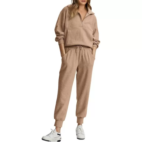 PRETTYGARDEN Womens 2 Piece Sweatsuits Set Long Sleeve Half Zip Pullover Sweatshirt Joggers Sweatpants Fall Outfits TracksuitKhaki