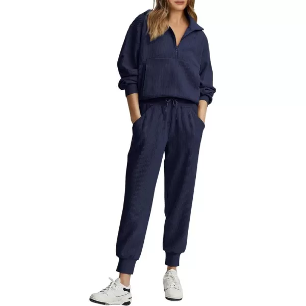 PRETTYGARDEN Womens 2 Piece Sweatsuits Set Long Sleeve Half Zip Pullover Sweatshirt Joggers Sweatpants Fall Outfits TracksuitNavy