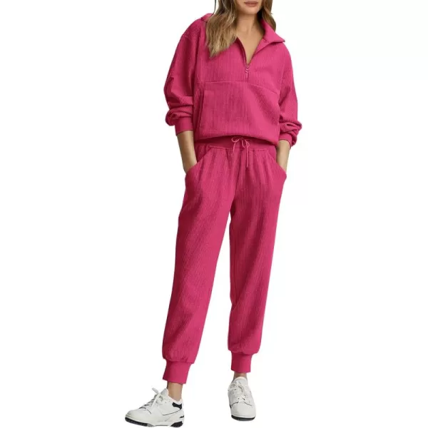 PRETTYGARDEN Womens 2 Piece Sweatsuits Set Long Sleeve Half Zip Pullover Sweatshirt Joggers Sweatpants Fall Outfits TracksuitRose Red