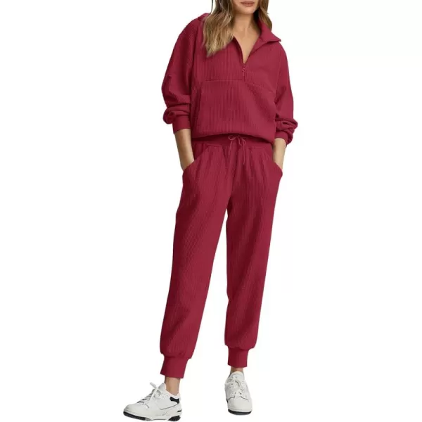PRETTYGARDEN Womens 2 Piece Sweatsuits Set Long Sleeve Half Zip Pullover Sweatshirt Joggers Sweatpants Fall Outfits TracksuitWine Red