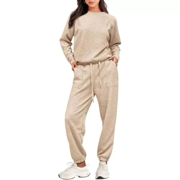 PRETTYGARDEN Womens 2 Piece Tracksuit Outfits Casual Long Sleeve Top High Waisted Sweatpants Lounge Jogger SetBeige