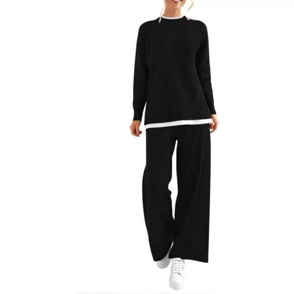 PRETTYGARDEN Womens Fall 2 Piece Lounge Sets Long Sleeve Pullover Sweater Wide Leg Pants Matching Outfits TracksuitsBlack