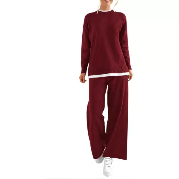 PRETTYGARDEN Womens Fall 2 Piece Lounge Sets Long Sleeve Pullover Sweater Wide Leg Pants Matching Outfits TracksuitsWine Red