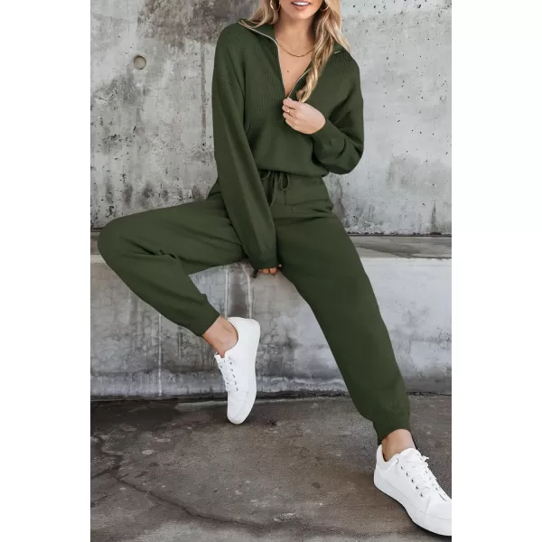 PRETTYGARDEN Womens 2 Piece Sweater Set Pullover Zip Up Sweatshirt Jogger Sweatpants Tracksuit Casual OutfitArmy Green