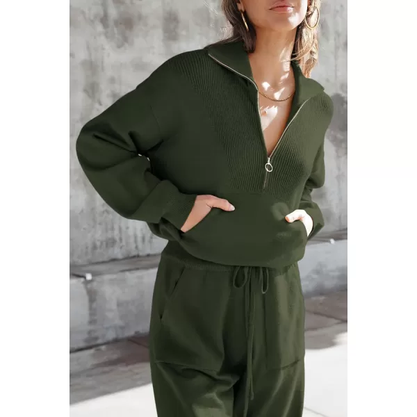 PRETTYGARDEN Womens 2 Piece Sweater Set Pullover Zip Up Sweatshirt Jogger Sweatpants Tracksuit Casual OutfitArmy Green