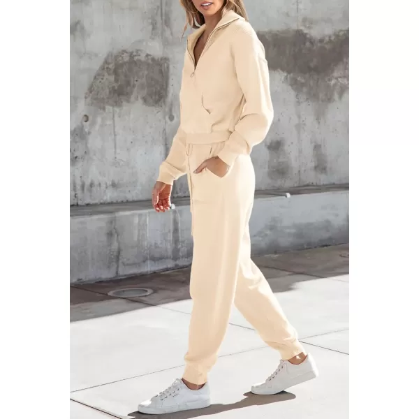PRETTYGARDEN Womens 2 Piece Sweater Set Pullover Zip Up Sweatshirt Jogger Sweatpants Tracksuit Casual OutfitBeige